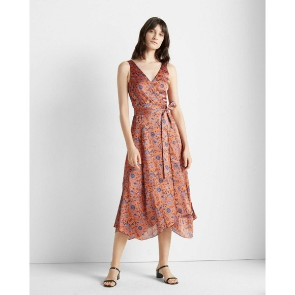 Club Monaco Dresses & Skirts - Club Monaco orange and blue floral print midi wrap dress - size 12